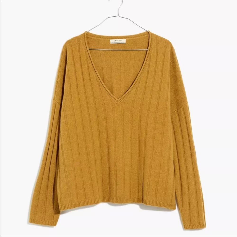 Madewell (Re)sourced Cashmere Stitched-Rib V-Neck Sweater in Copper Gold Medium